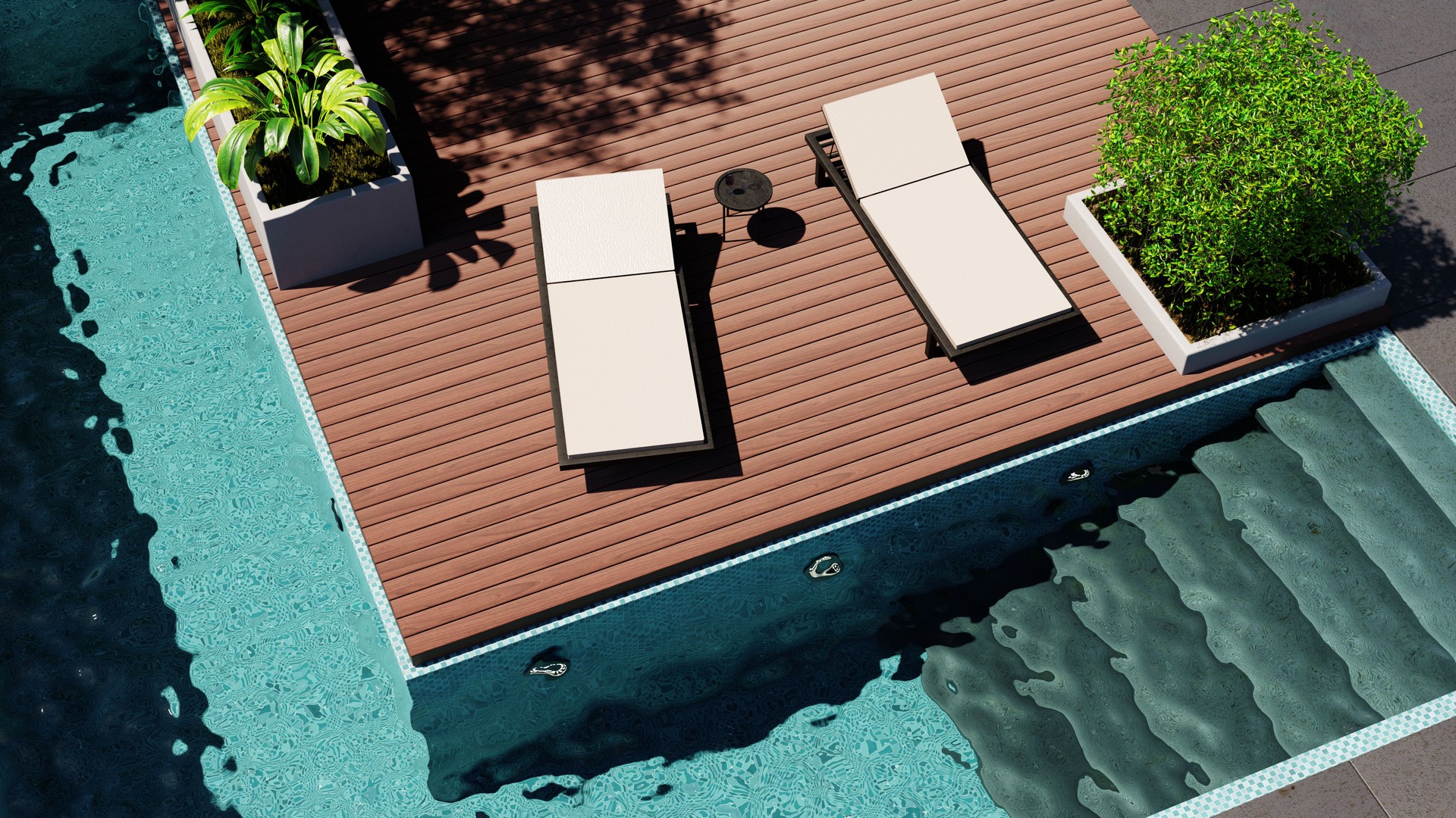 Two sun loungers rest on wooden decking beside a sparkling pool, surrounded by vibrant plants, creating a perfect spot for relaxation on a sunny day. 3d render