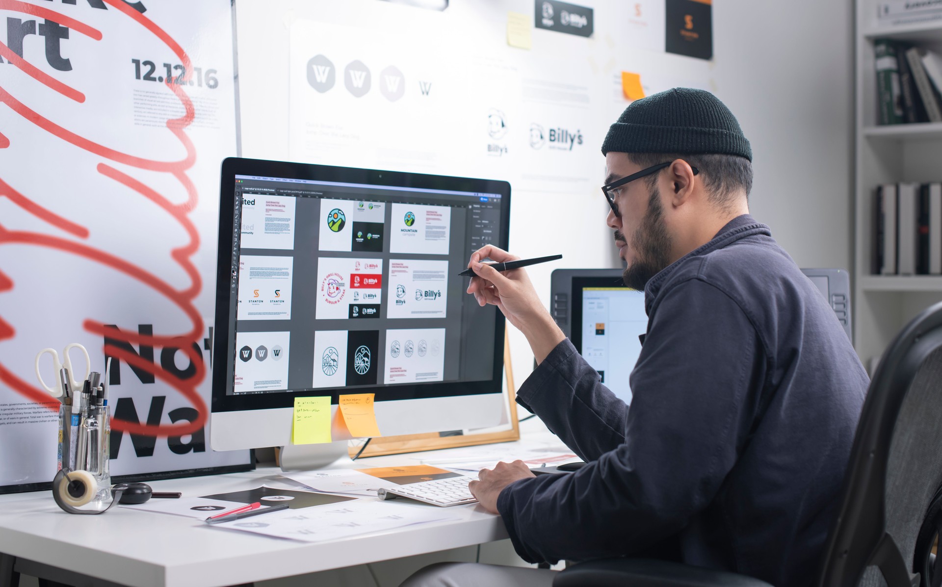  wall decoration designer working in office. Artist Creative Designer Illustrator Graphic Skill Concept.
